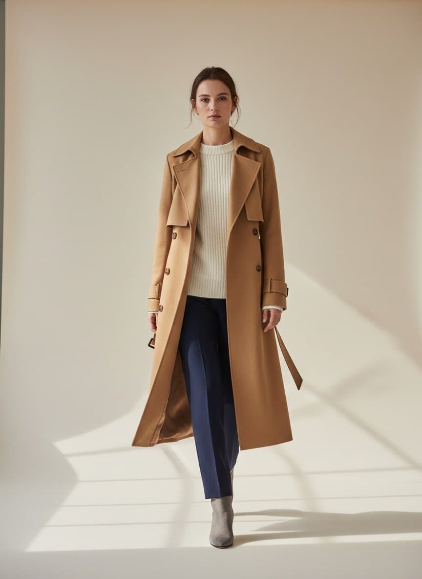 A woman in a camel trench coat, photographed in a bright studio