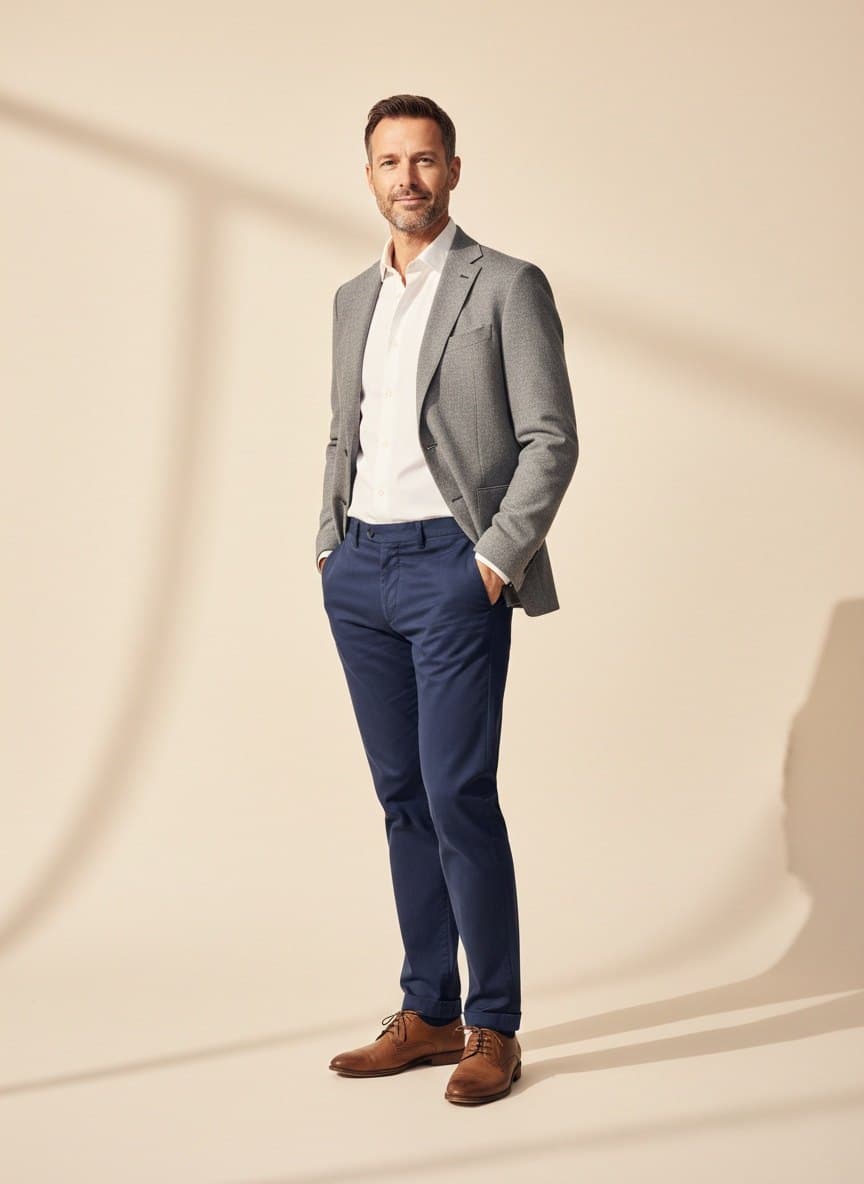 A man in a grey blazer, white shirt and navy chinos