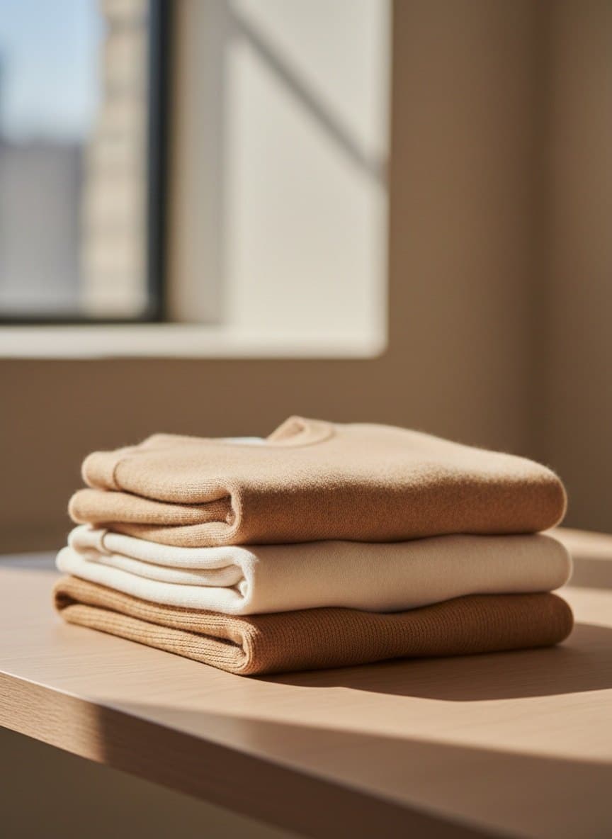 Close-up of folded knitwear in warm neutral tones