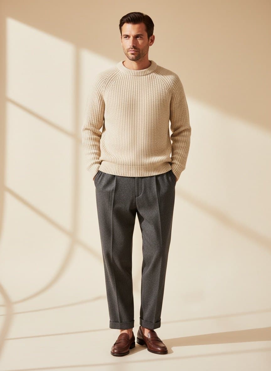 Outfit: knit sweater and pleated trousers