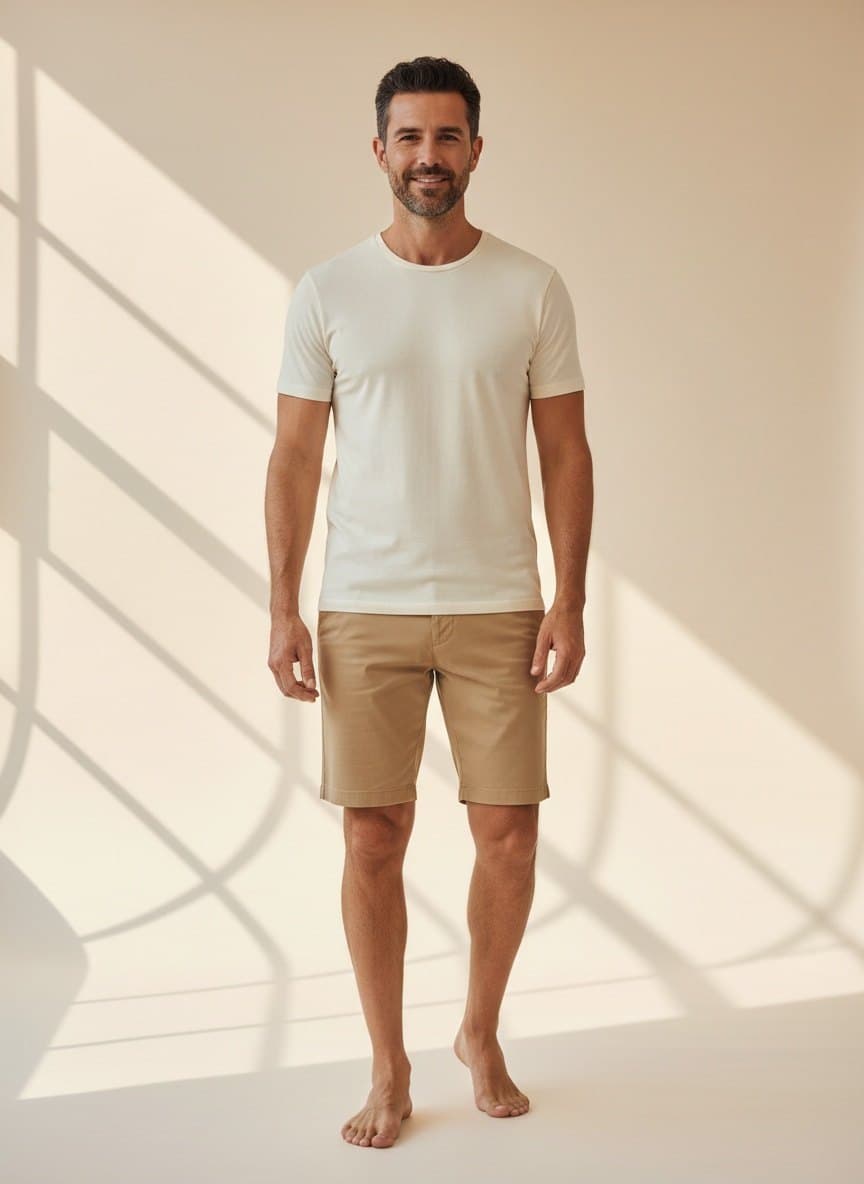 A man standing in a plain white t-shirt and khaki shorts, photographed for try-on