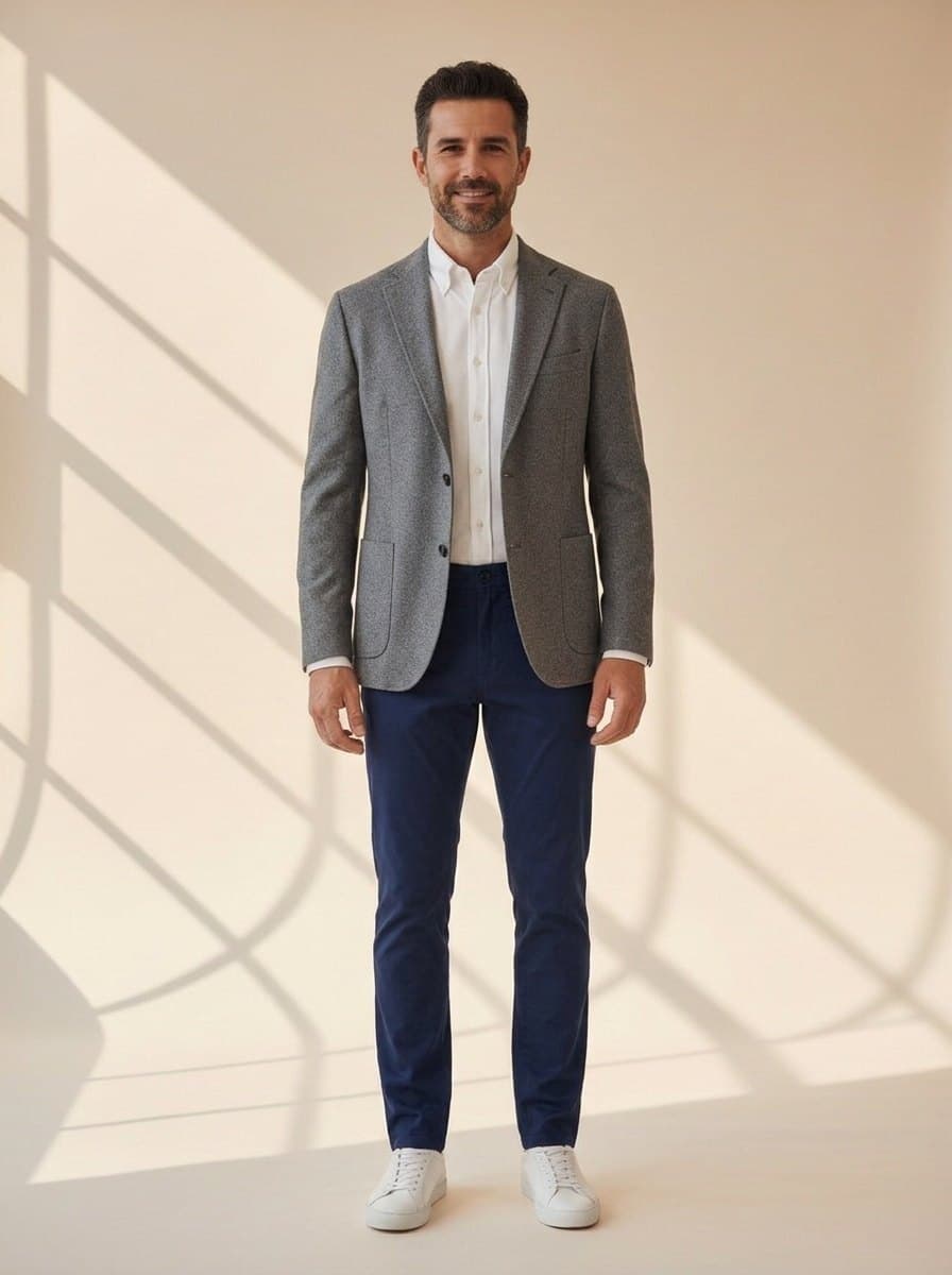 The same man wearing a white shirt, navy chinos and a grey blazer